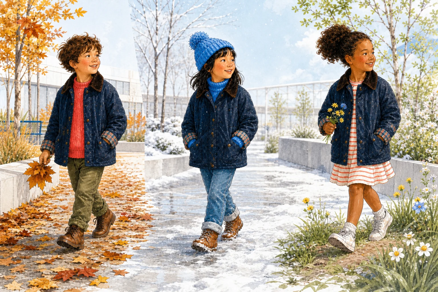 The same heritage-quality garment worn across different childhoods