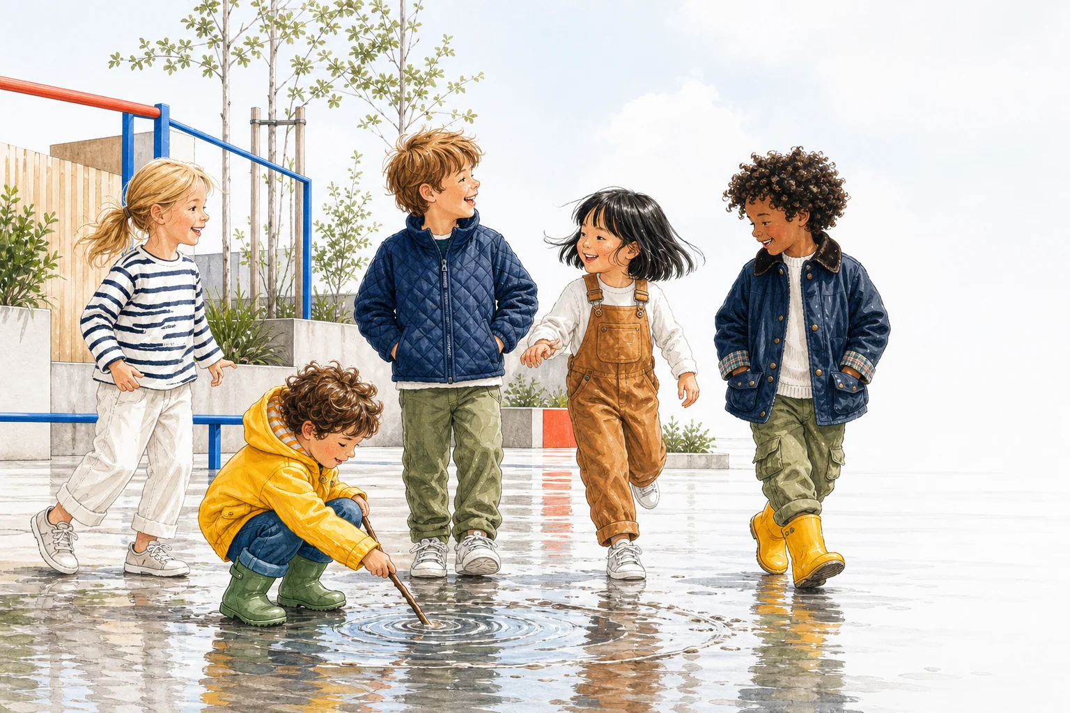 Five children in premium everyday clothing crossing a bright modern urban space