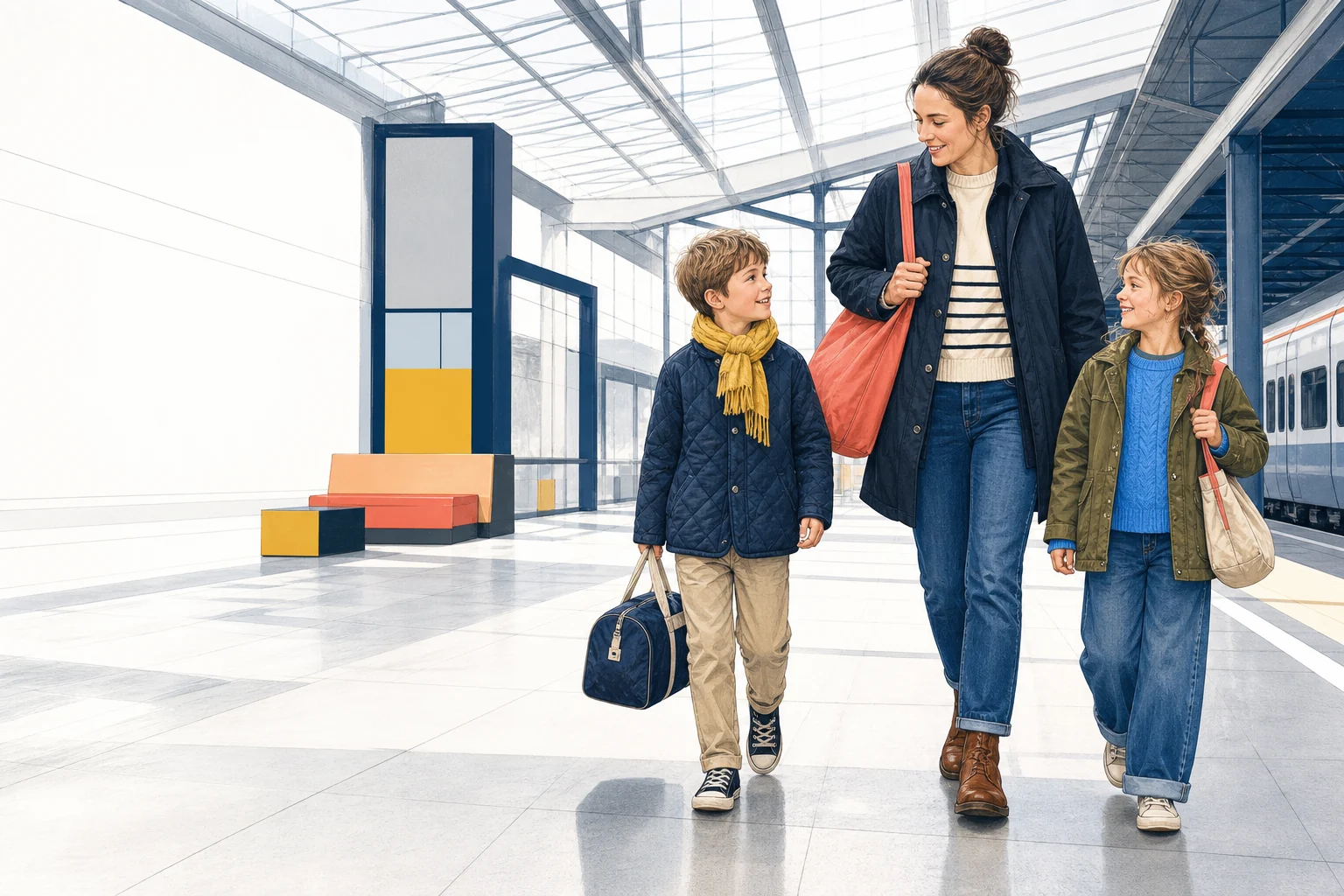 Family on a bright contemporary rail journey in practical premium clothing