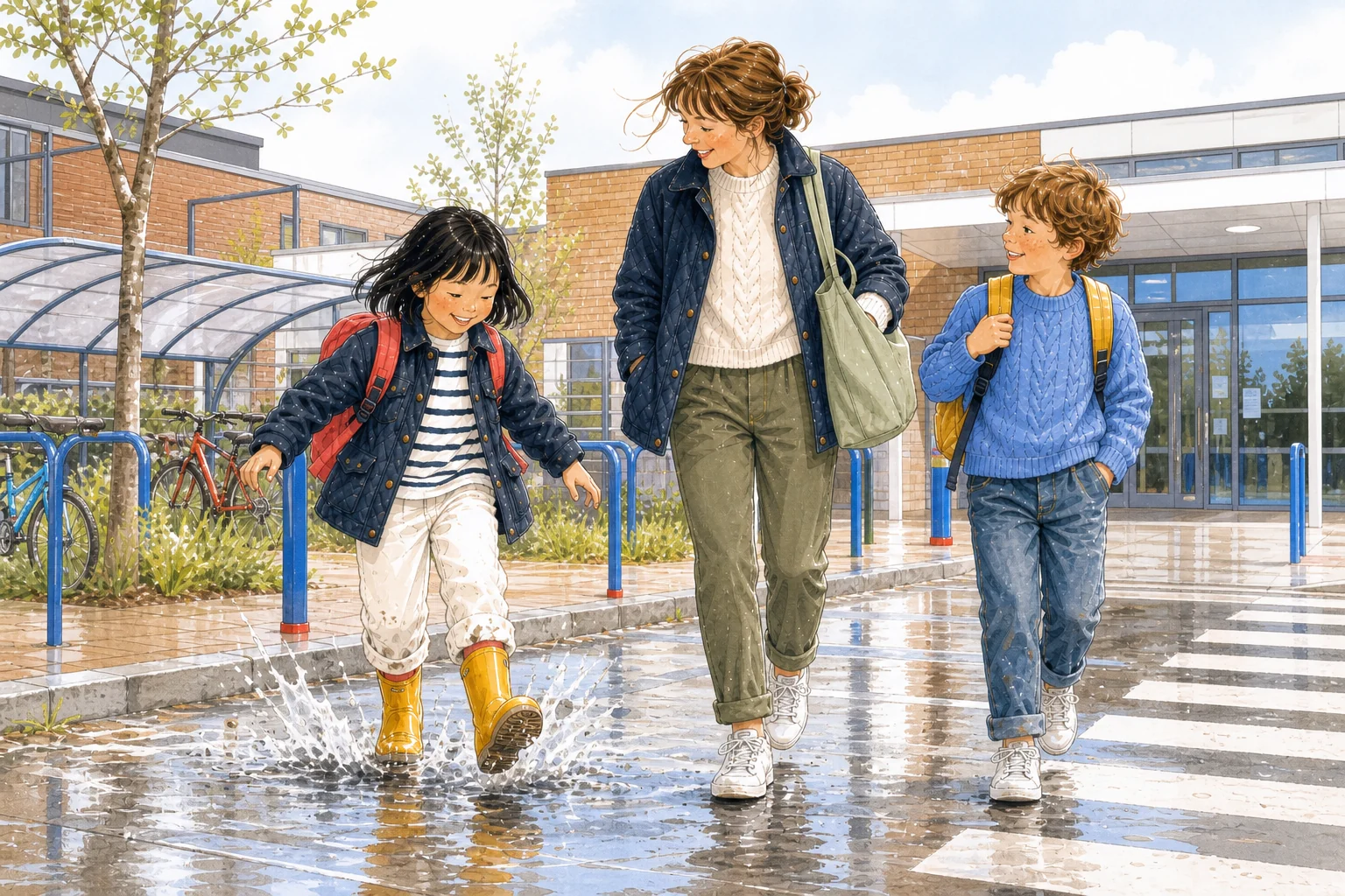 Children and parent on a bright contemporary school run in well-used premium clothing