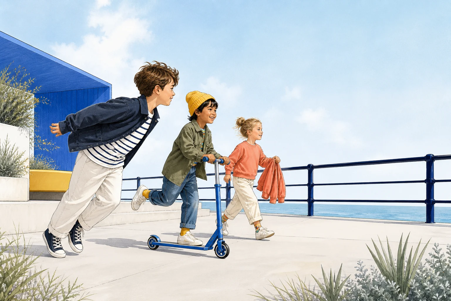 Children wearing colourful premium everyday clothing on a bright modern seafront
