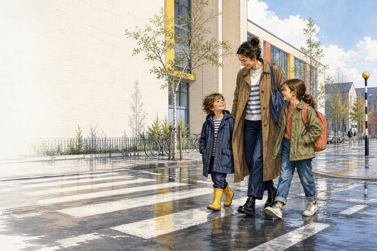 Children on a modern urban school run after rain