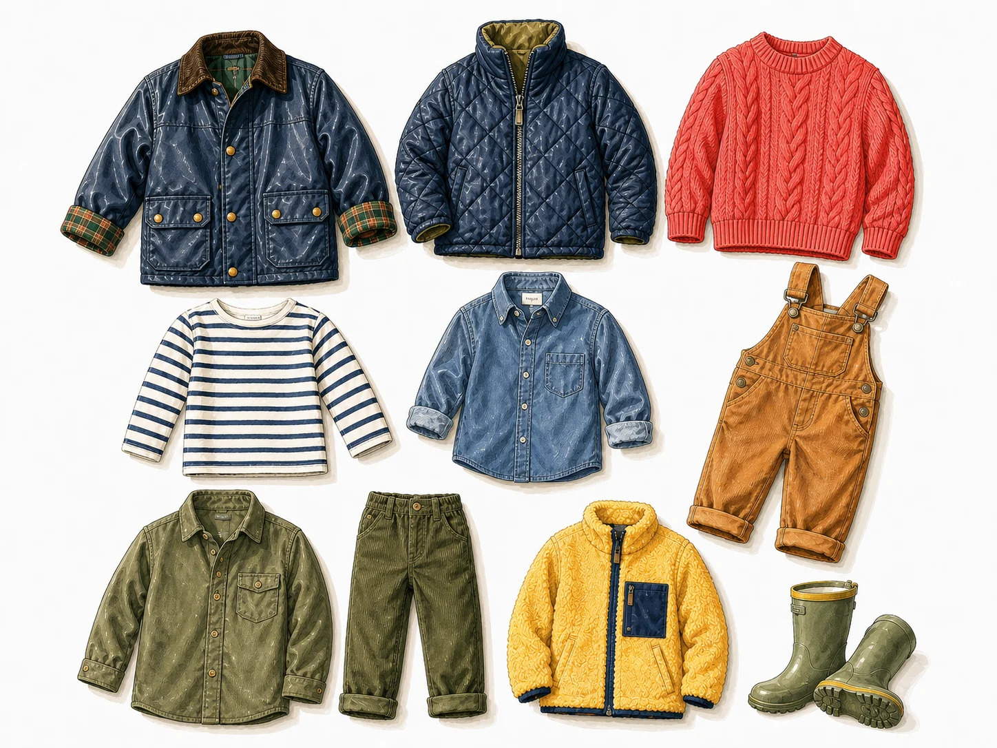 Illustrated coordinated selection of premium children’s clothing