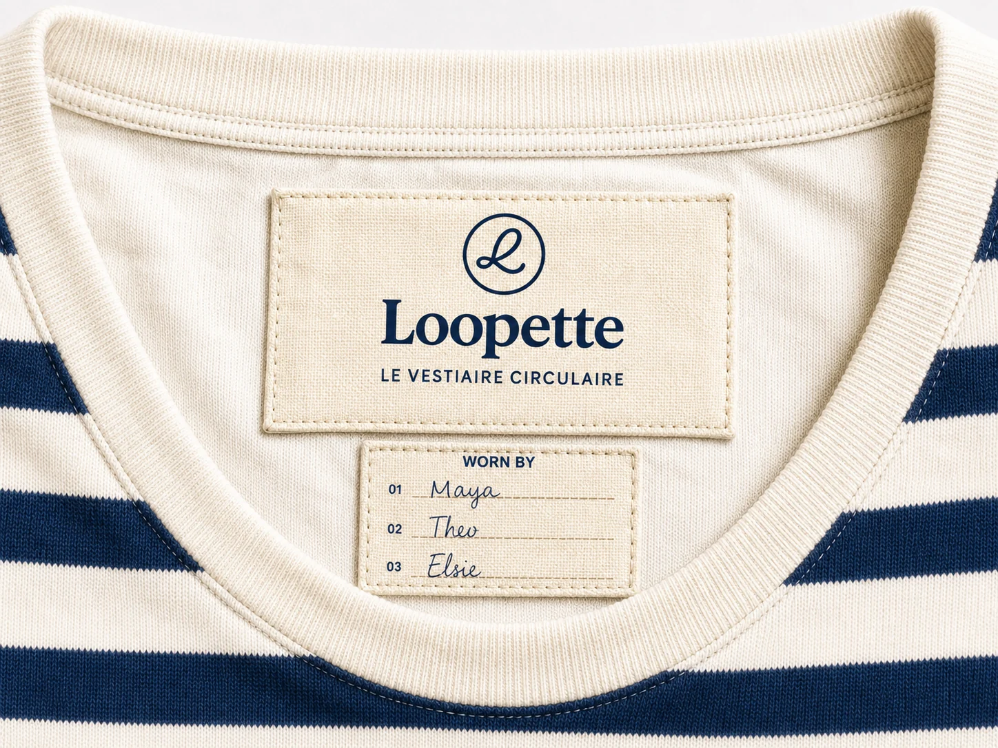 Loopette Worn By label inside the collar of a striped marinière