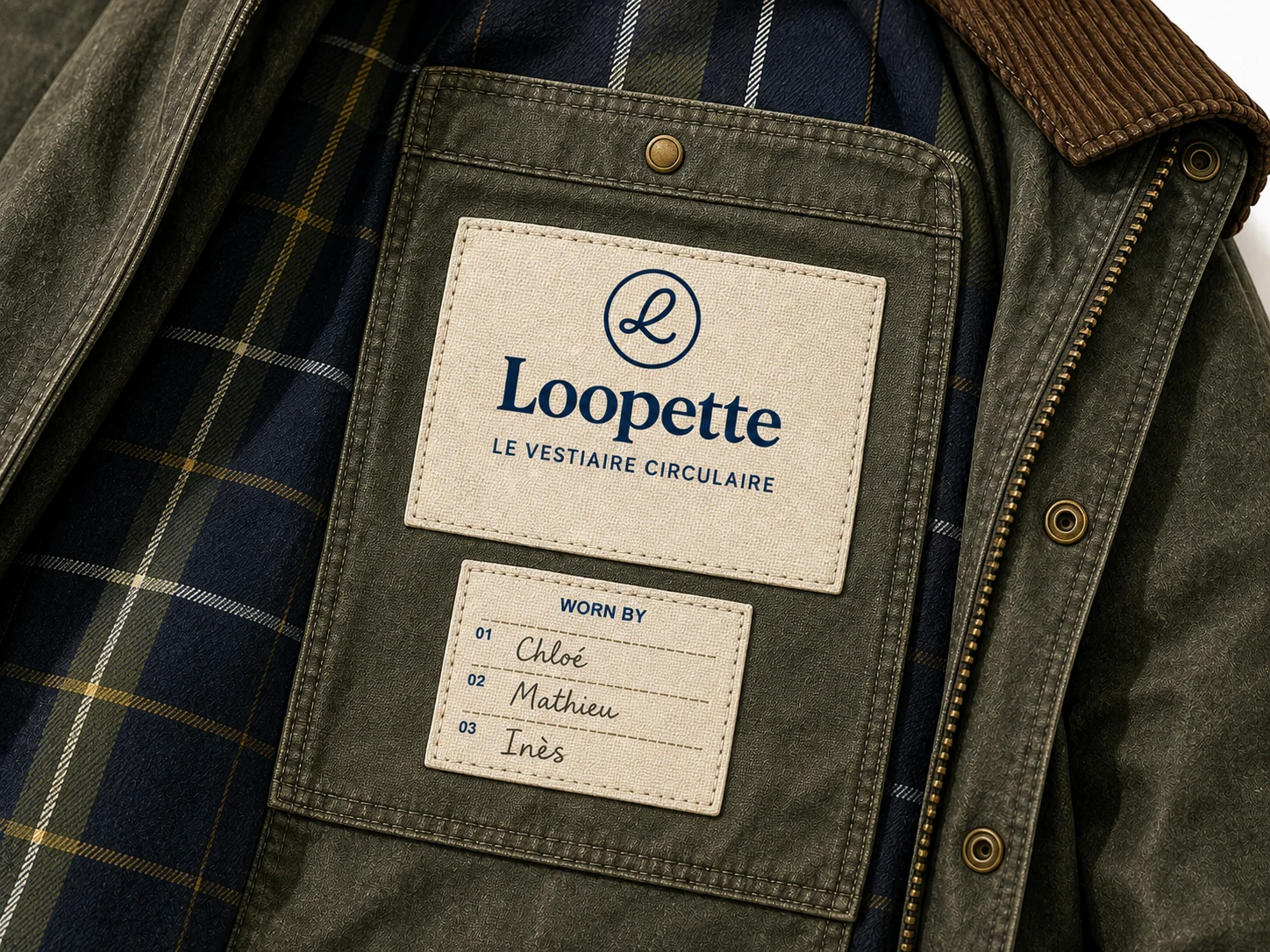 Loopette garment-history label with different handwritten child names inside a wax-jacket pocket